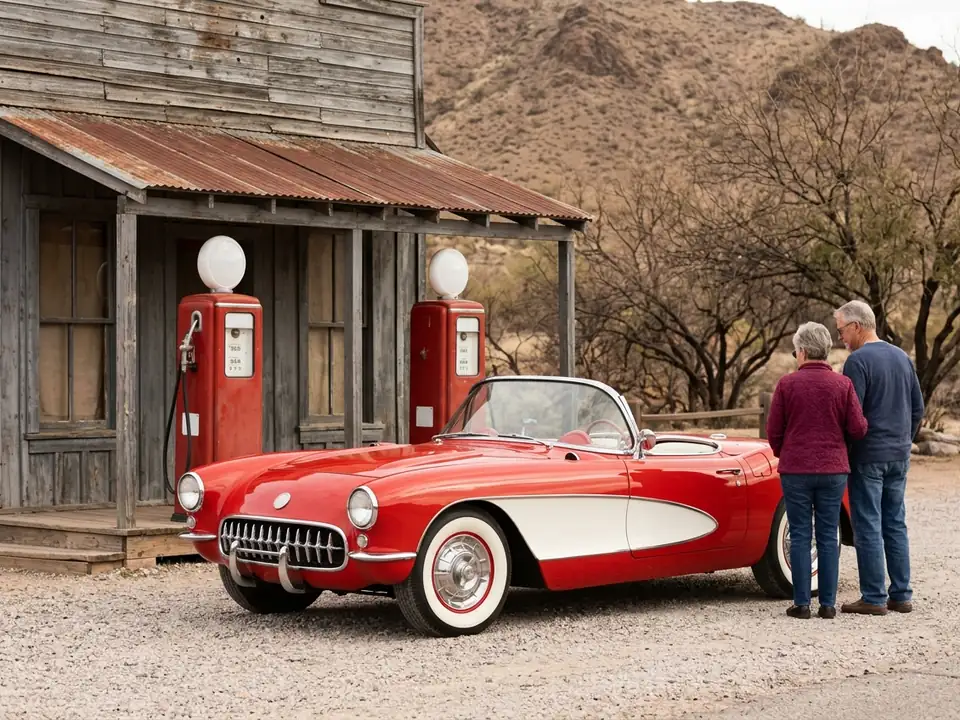 Red and white 1950s convertible beside vintage gas pumps at an old Arizona store