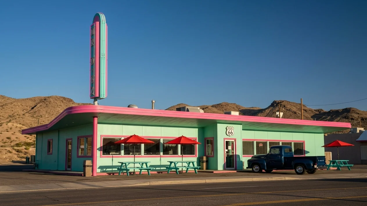 Mint green and pink 1950s-style diner with a blue vintage pickup in Kingman, Arizona