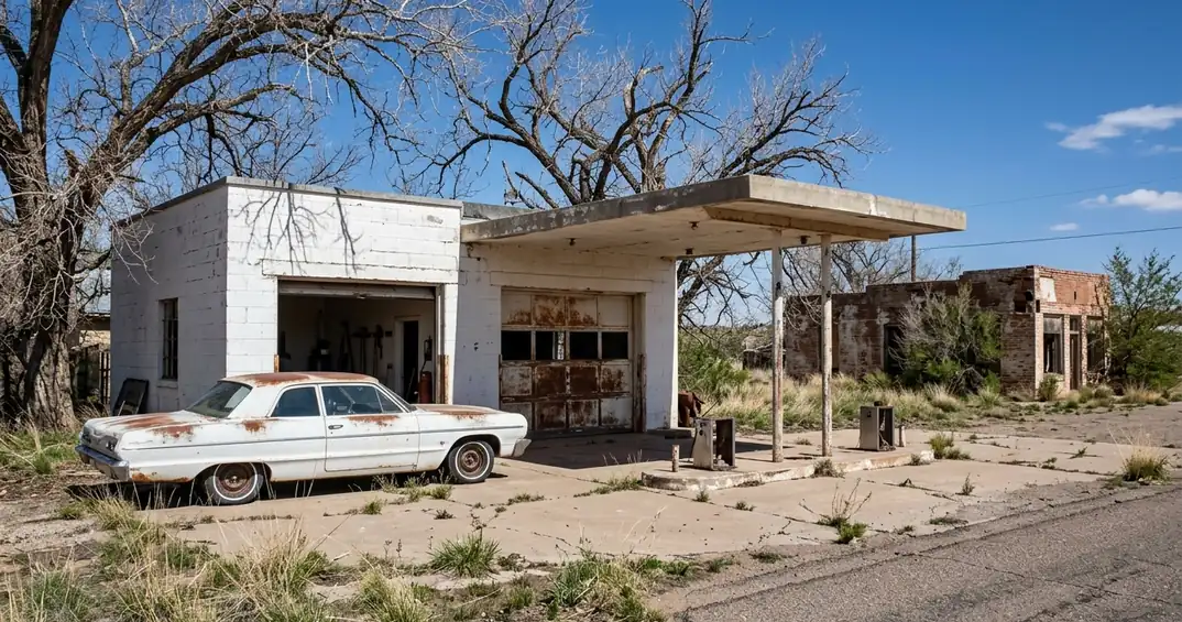 Abandoned gas station and a rusting 1960s sedan in Glenrio on the Texas line