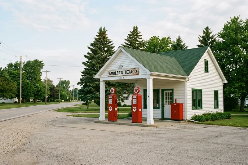 Ambler's Texaco, a small white station with two red pumps on Route 66 in Dwight, Illinois