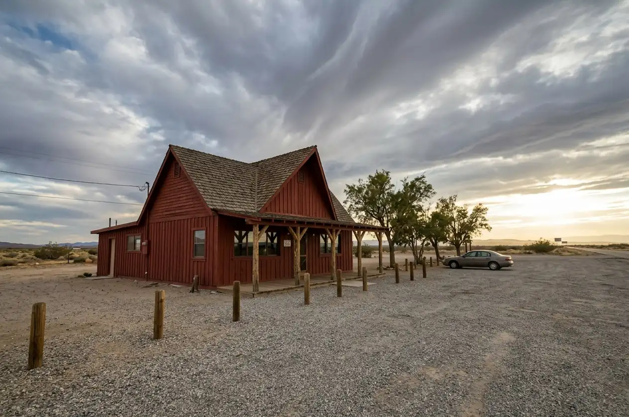 The red wooden Bagdad Cafe beside old Route 66 in the Mojave Desert at evening