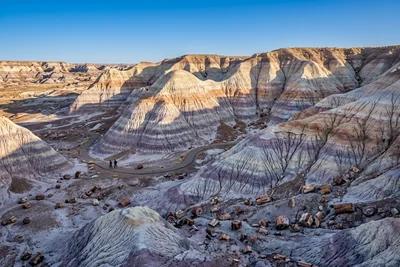 Two hikers among the banded blue and purple badlands of Blue Mesa in the Painted Desert