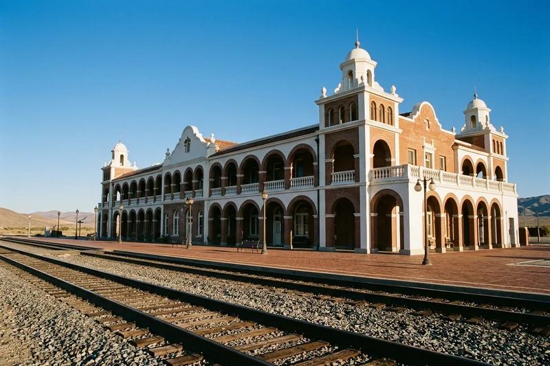 Casa del Desierto Harvey House with arched colonnades beside the railroad tracks in Barstow