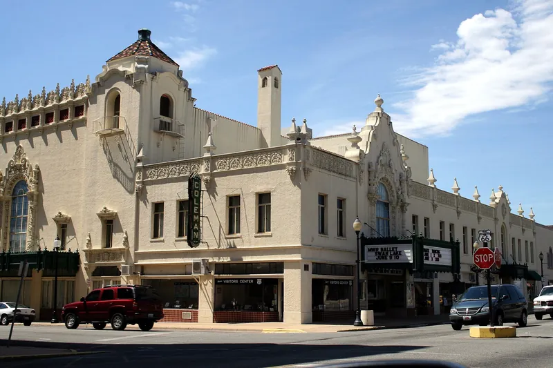 Spanish Revival facade of the Coleman Theatre on Main Street in Miami, Oklahoma