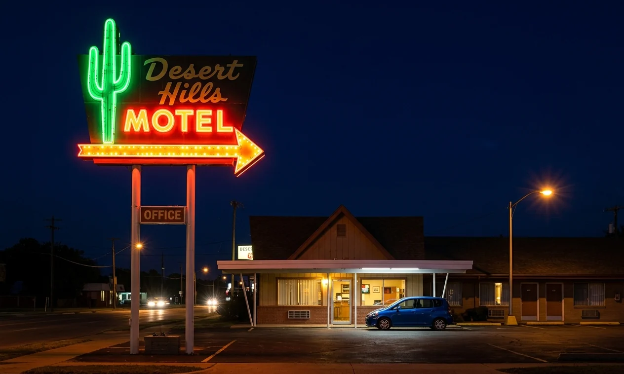 Desert Hills Motel neon cactus and arrow sign glowing at night on Route 66 in Tulsa