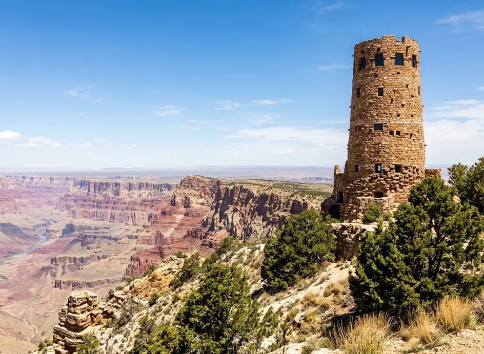 Desert View Watchtower on the rim of the Grand Canyon above the Colorado River, Arizona