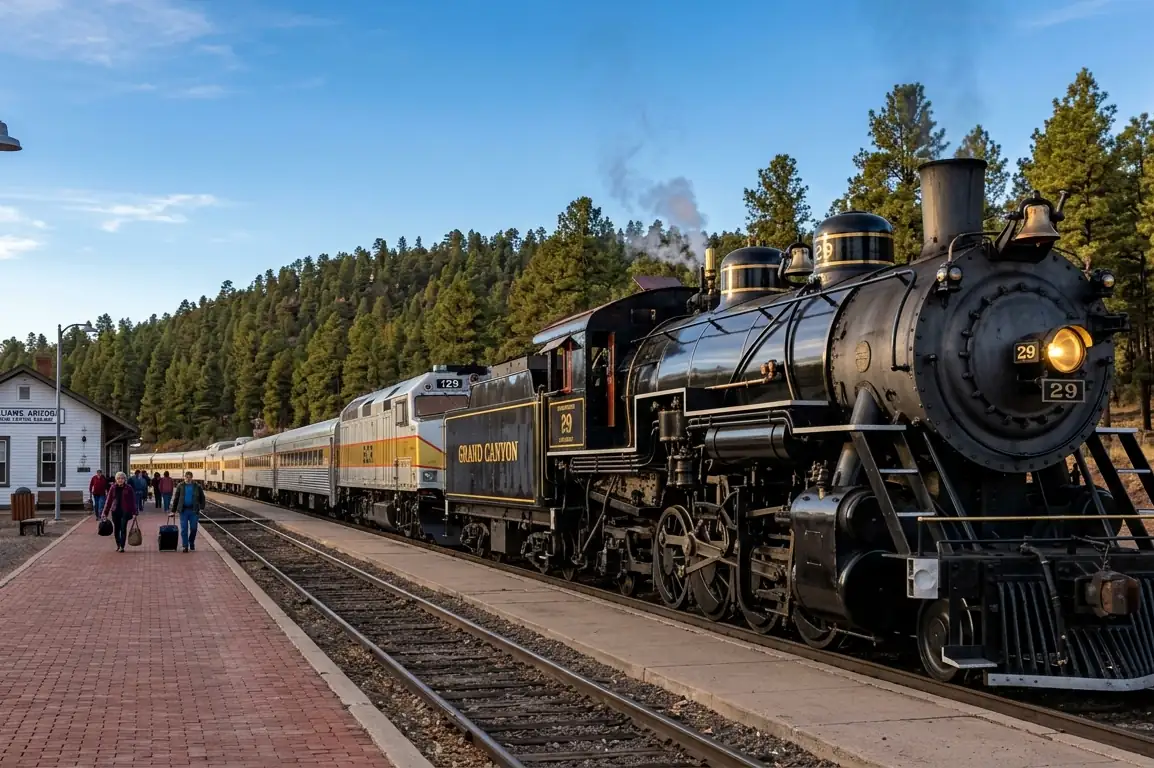 Grand Canyon Railway steam locomotive beside the brick platform at the Williams depot, Arizona