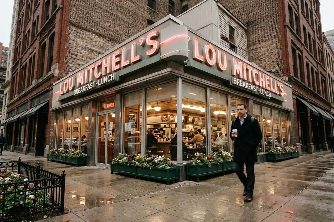 Lou Mitchell's breakfast restaurant with red neon on a wet morning in Chicago