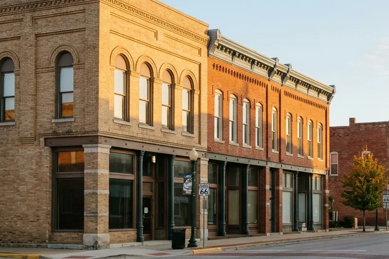 Brick storefronts with arched windows and a Route 66 sign in Baxter Springs, Kansas