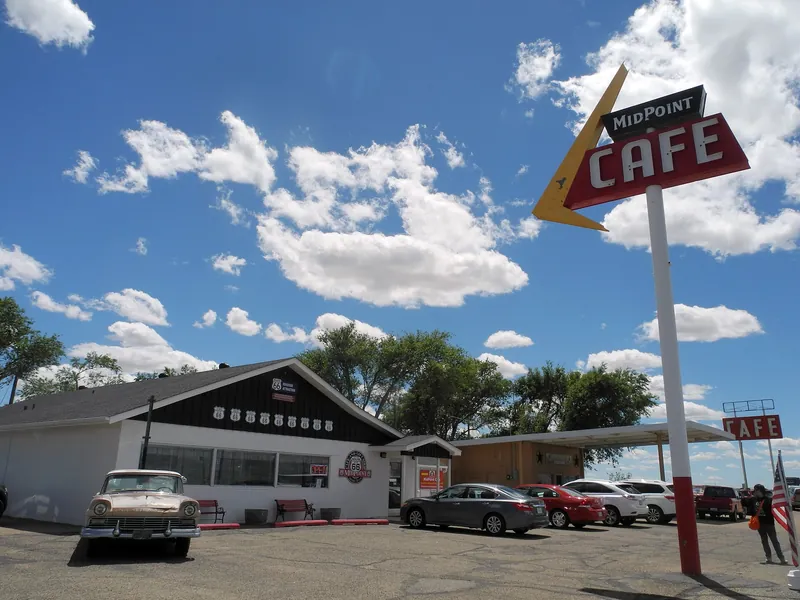 MidPoint Cafe sign and diner building on Route 66 in Adrian, Texas, halfway to LA