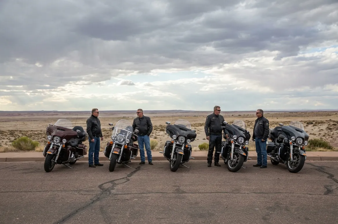 Four riders standing beside their motorcycles at a viewpoint in the Painted Desert, Arizona