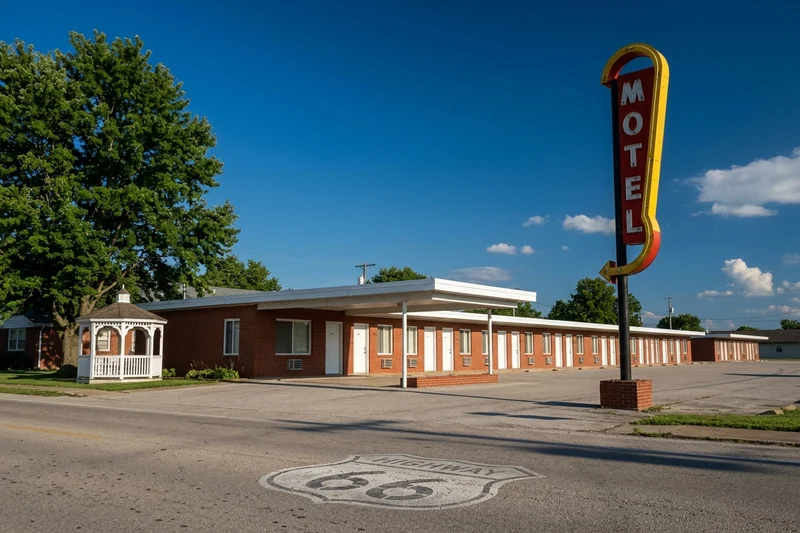 Brick row of rooms and the tall sign of the Munger Moss Motel, Lebanon, Missouri
