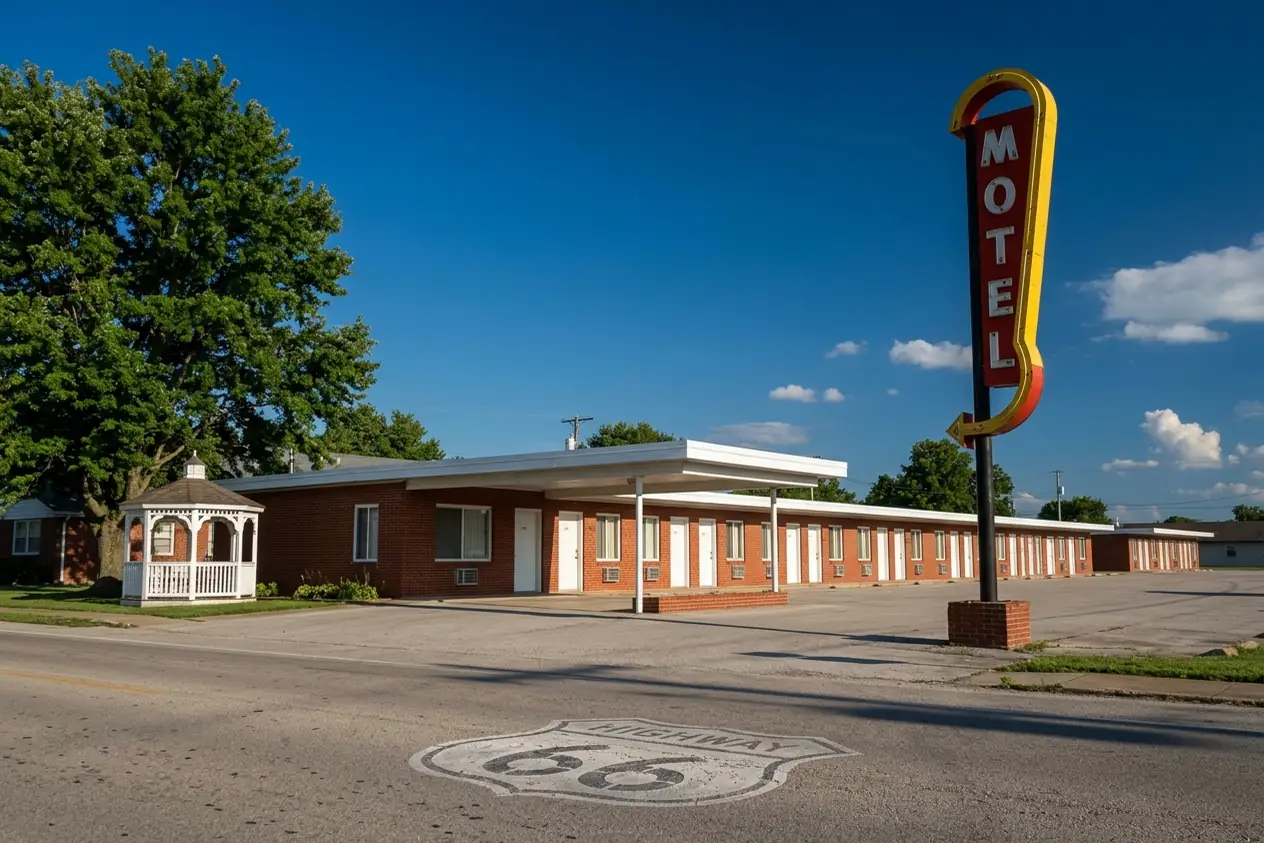 Brick row of rooms and the tall sign of the Munger Moss Motel, Lebanon, Missouri