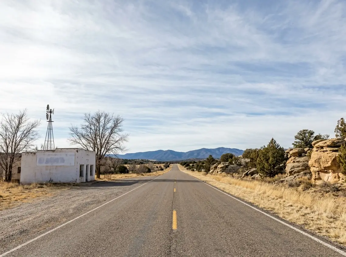 Old Route 66 near Budville, New Mexico, passing an abandoned trading post and a windmill