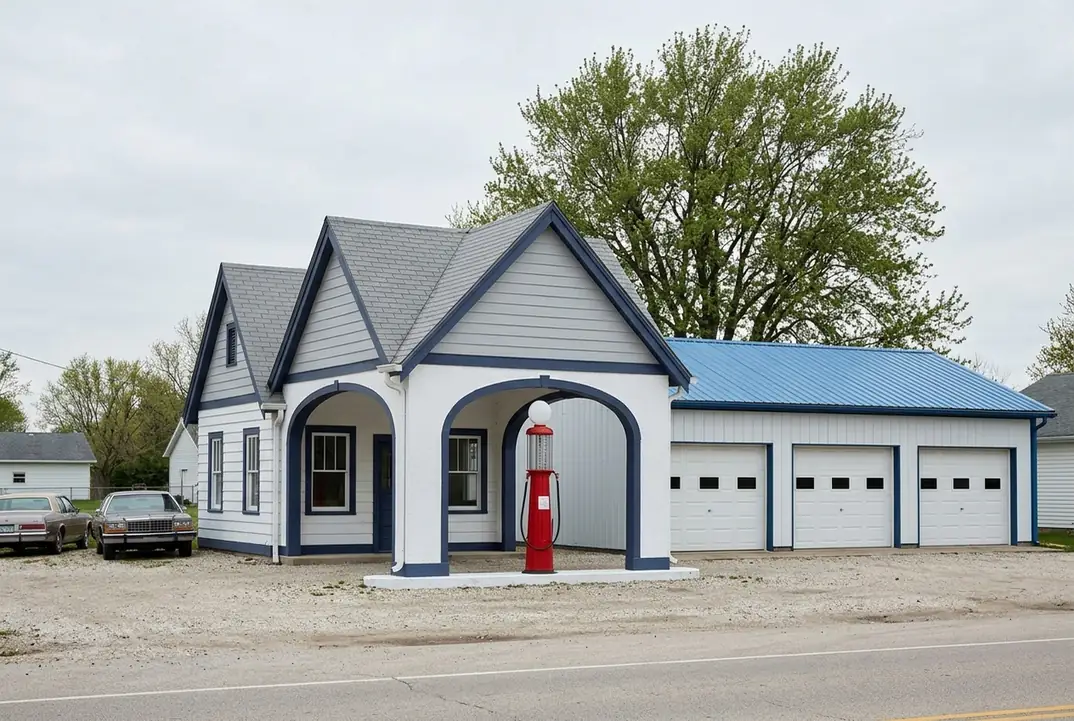Restored 1930s filling station with a white canopy and red pump in Odell, Illinois