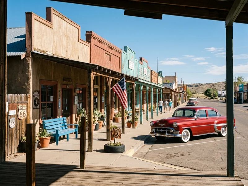 Old storefronts, Route 66 signs and a red classic car on the main street of Seligman