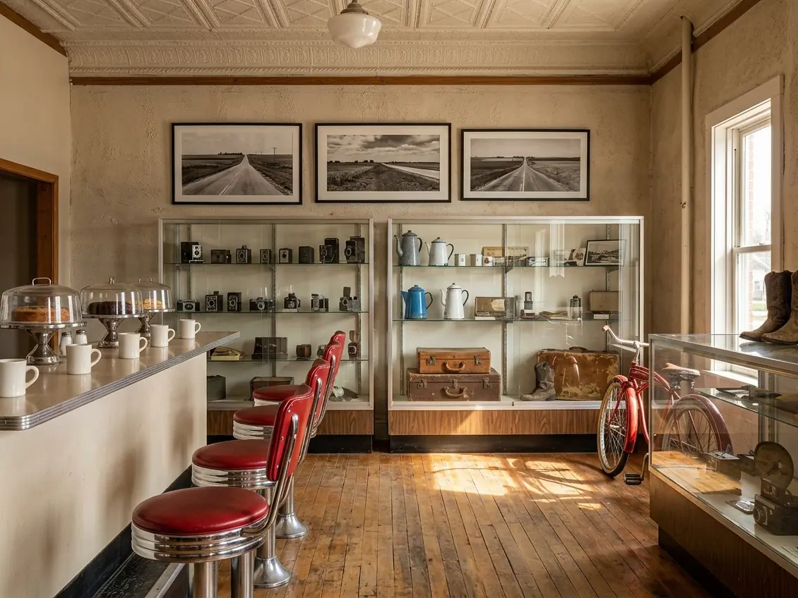 Diner counter, red stools and glass cases of old cameras in a small-town Route 66 museum