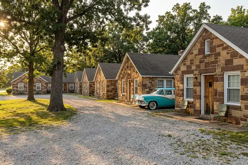 Row of stone motel cottages and a vintage car under shade trees in Cuba, Missouri