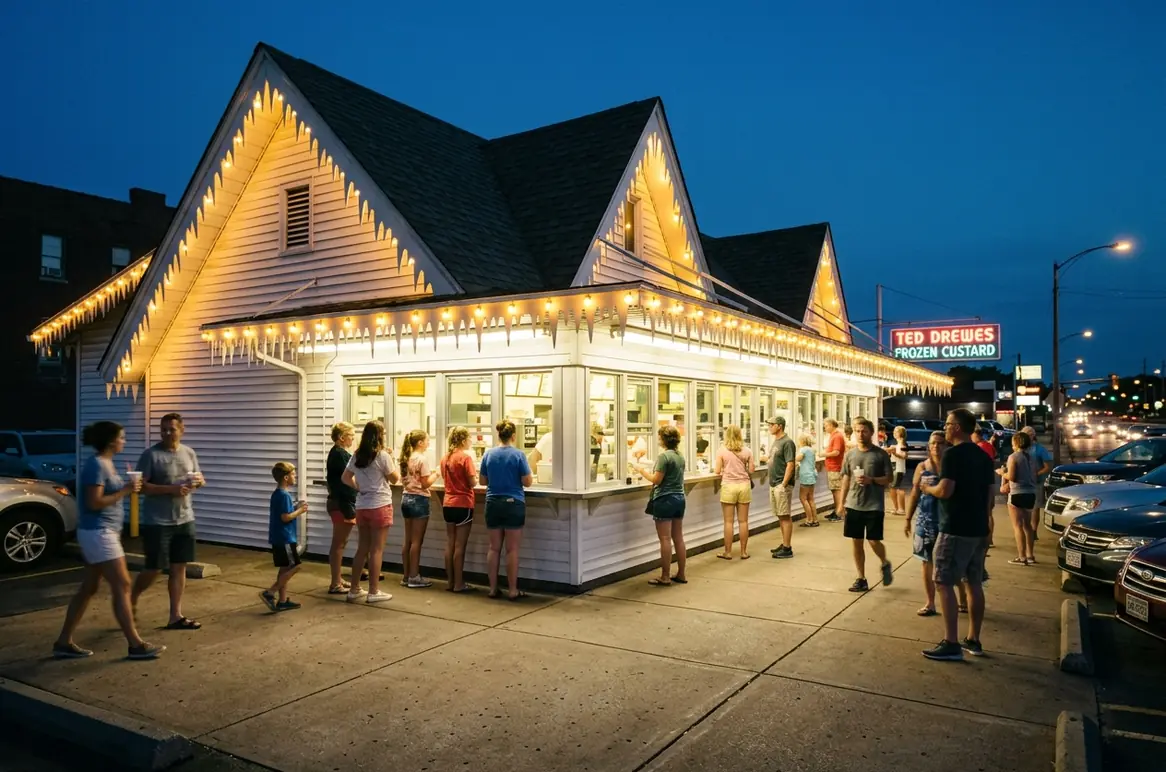 Customers lined up at the lit Ted Drewes Frozen Custard stand at dusk in St. Louis