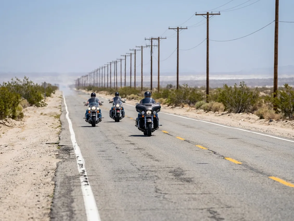Three touring motorcycles riding the straight desert road near Amboy, California