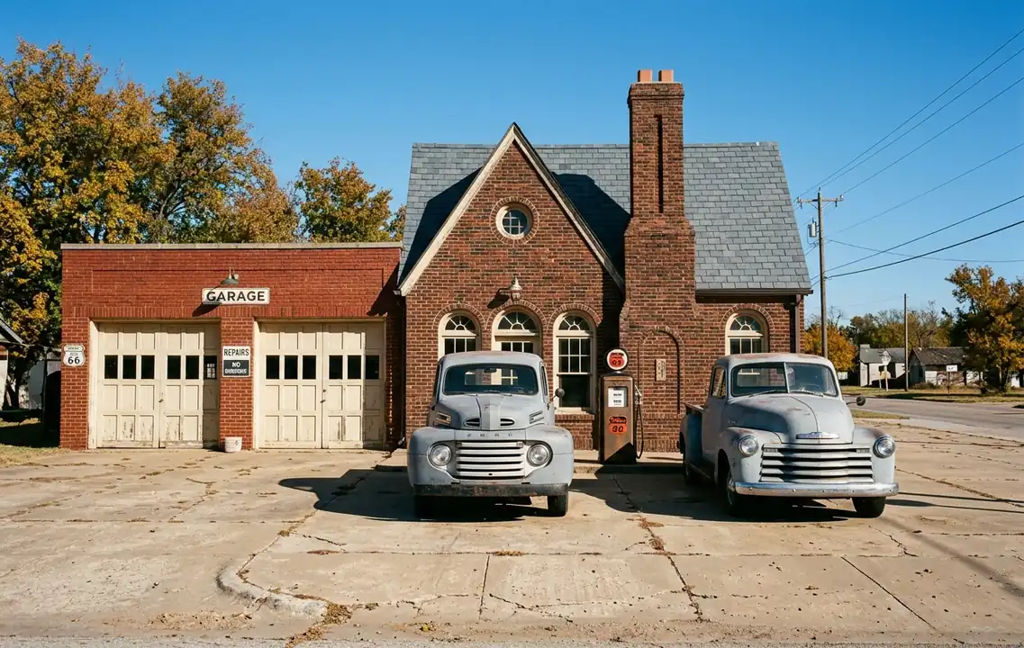 Two vintage pickups outside a restored brick gas station on Route 66 in Chandler, Oklahoma